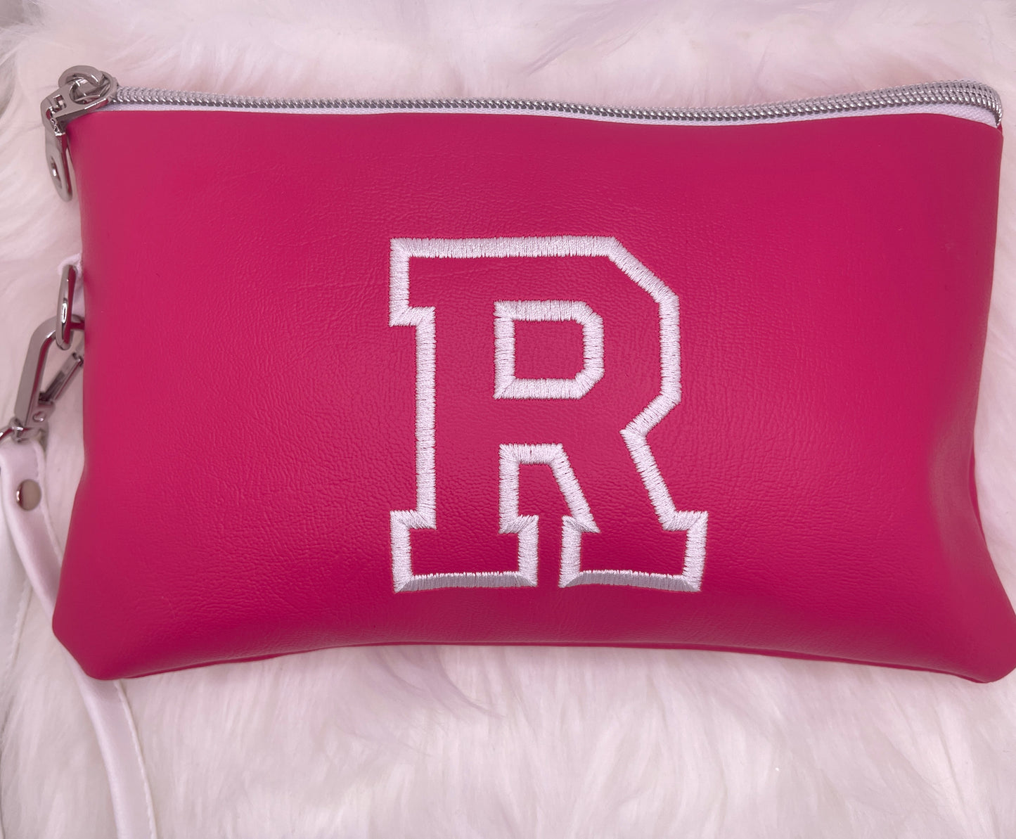 The VARSITY Wristlet Pouch - Hot Pink & White