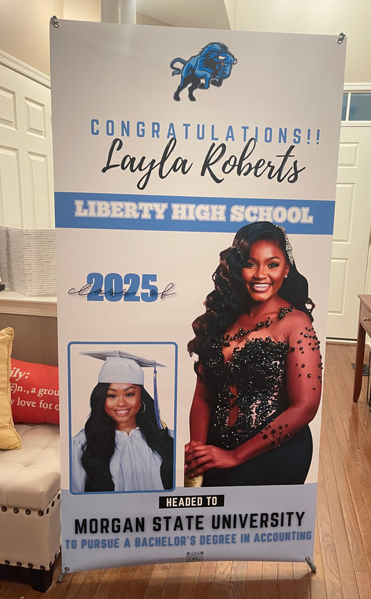 Deluxe MOVING UP Two Photo Banner with Optional Stand - DESIGN YOUR OWN