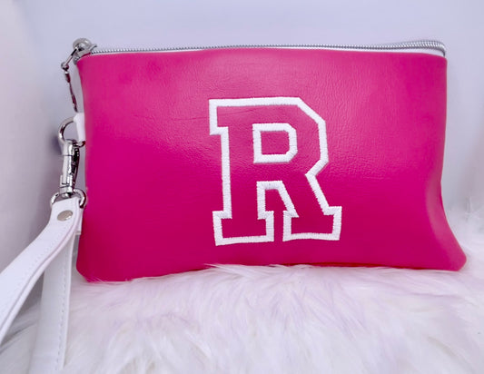 The VARSITY Wristlet Pouch - Hot Pink & White