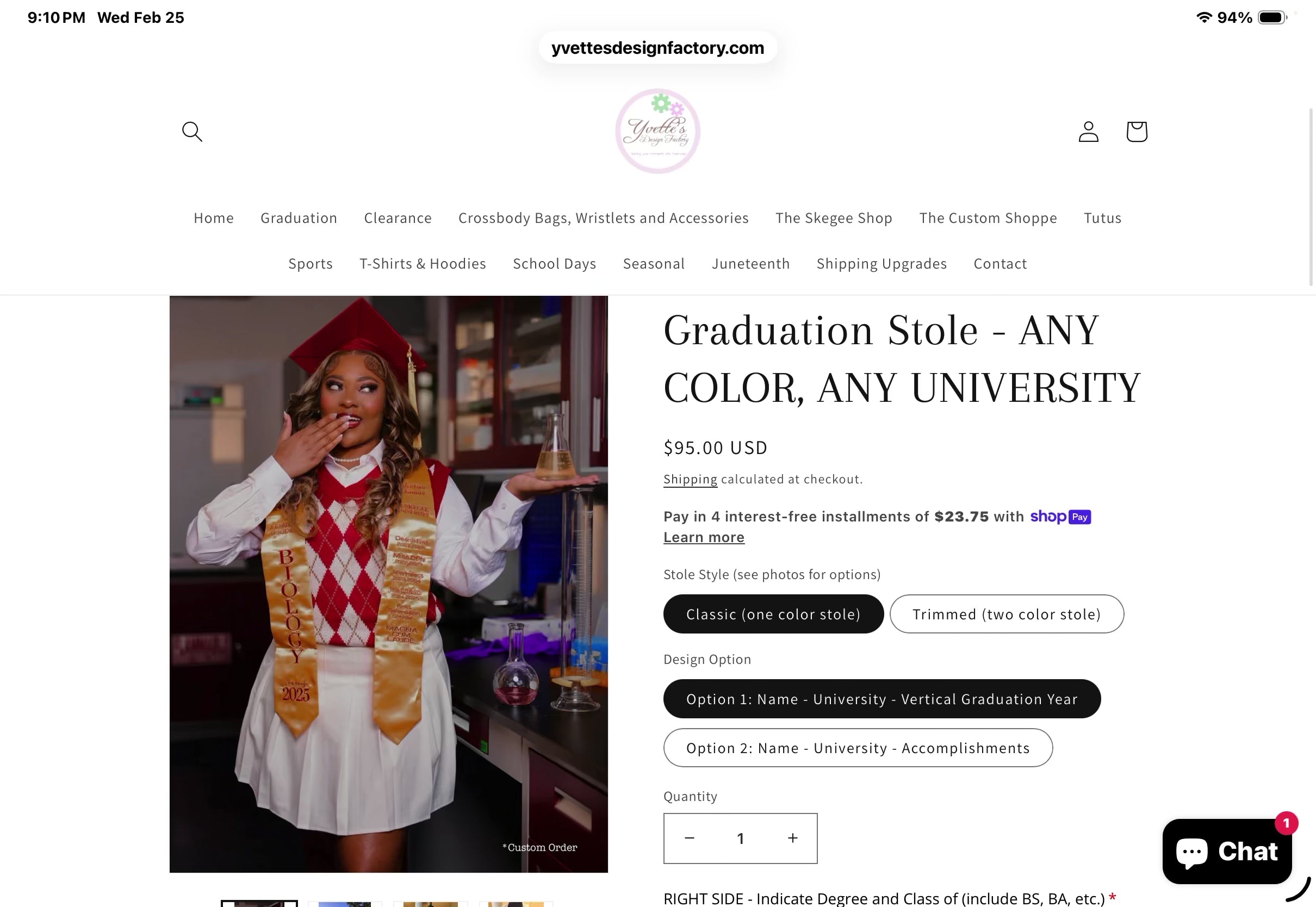 Custom Embroidered Graduation Stole - ANY COLOR, ANY UNIVERSITY