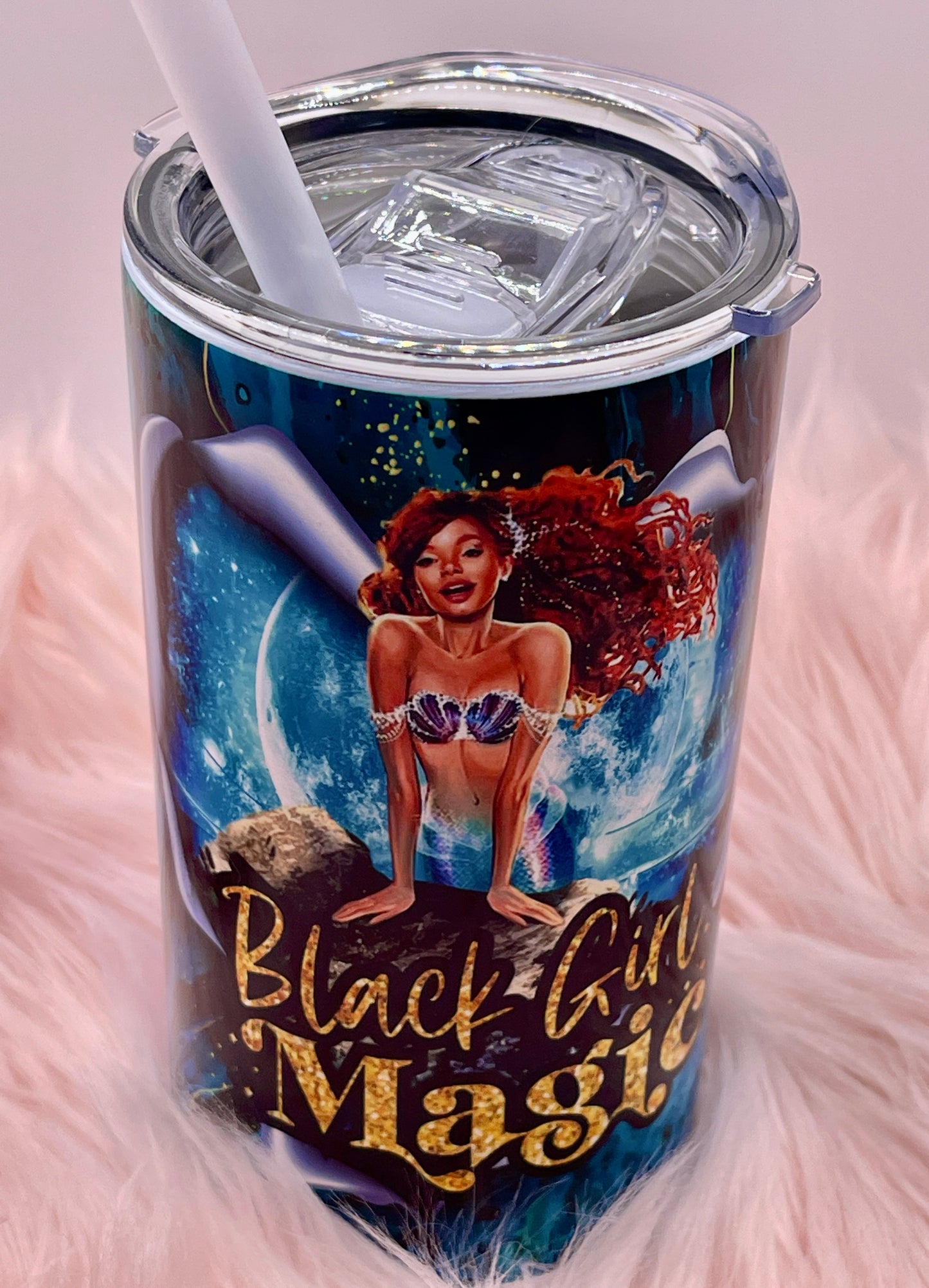 BOTH glass cup tumblr wood lid metal straw ariel black mermaid disney 2 Cup  Set