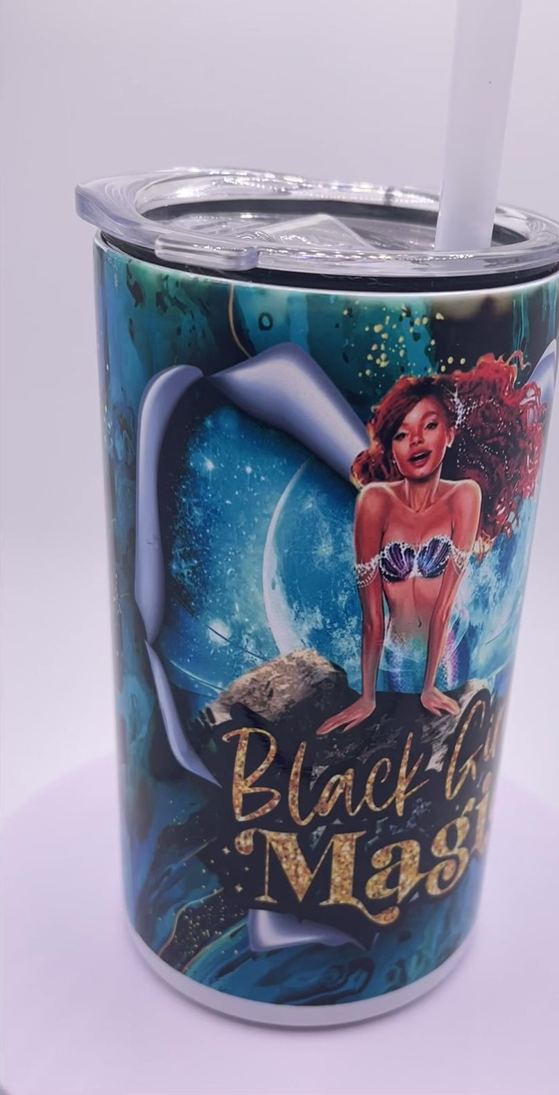 BOTH glass cup tumblr wood lid metal straw ariel black mermaid disney 2 Cup  Set